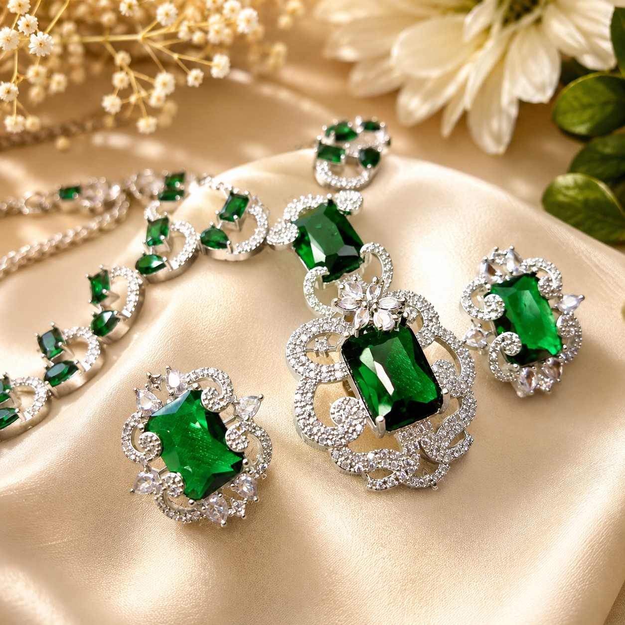 Emerald green crystal necklace set with matching earrings for women