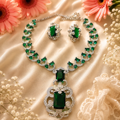 Emerald green crystal necklace set with matching earrings for women