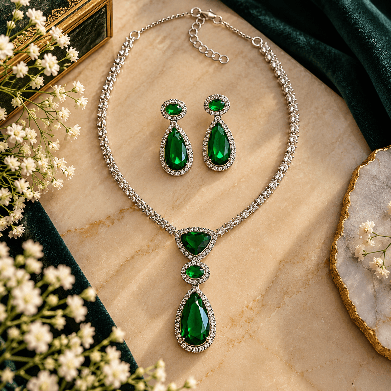 Emerald green teardrop gemstone necklace with silver-tone crystal detailing and matching drop earrings