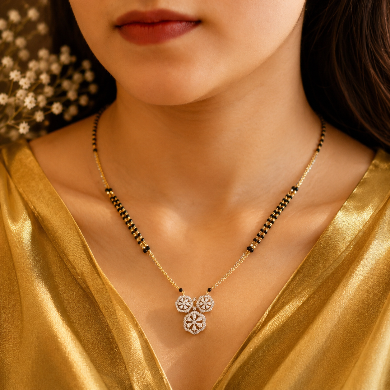Floral American Diamond mangalsutra with black beads and gold-tone detailing