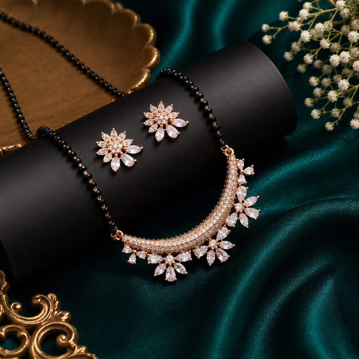 Floral black beaded mangalsutra set with matching sparkling earrings