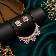 Floral black beaded mangalsutra set with matching sparkling earrings