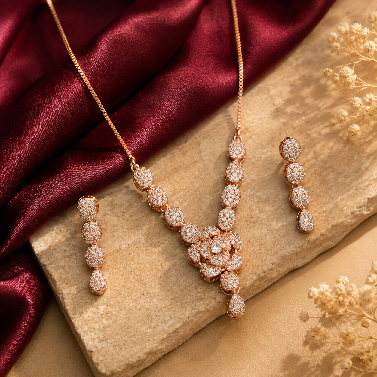 Rose gold floral party wear necklace with matching earrings