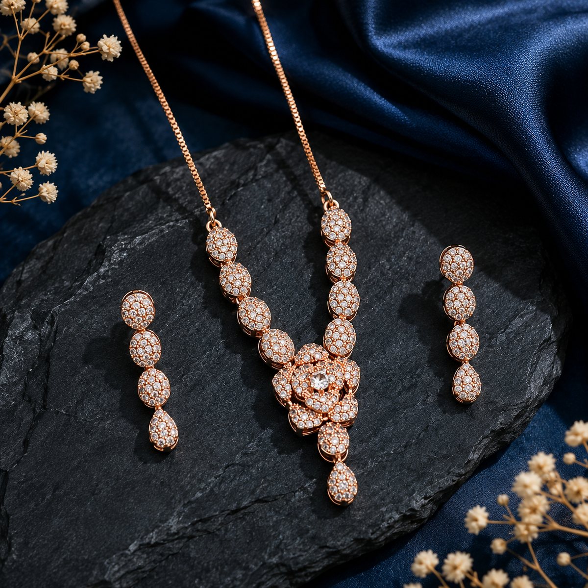 Floral rose gold American Diamond necklace set with matching earrings