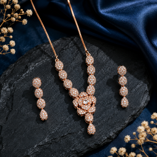 Floral rose gold American Diamond necklace set with matching earrings
