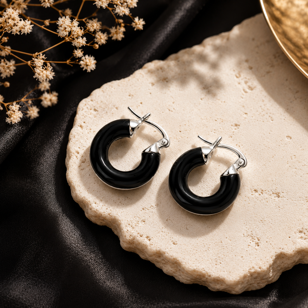 Glossy black C hoop earrings for women with silver-tone detailing