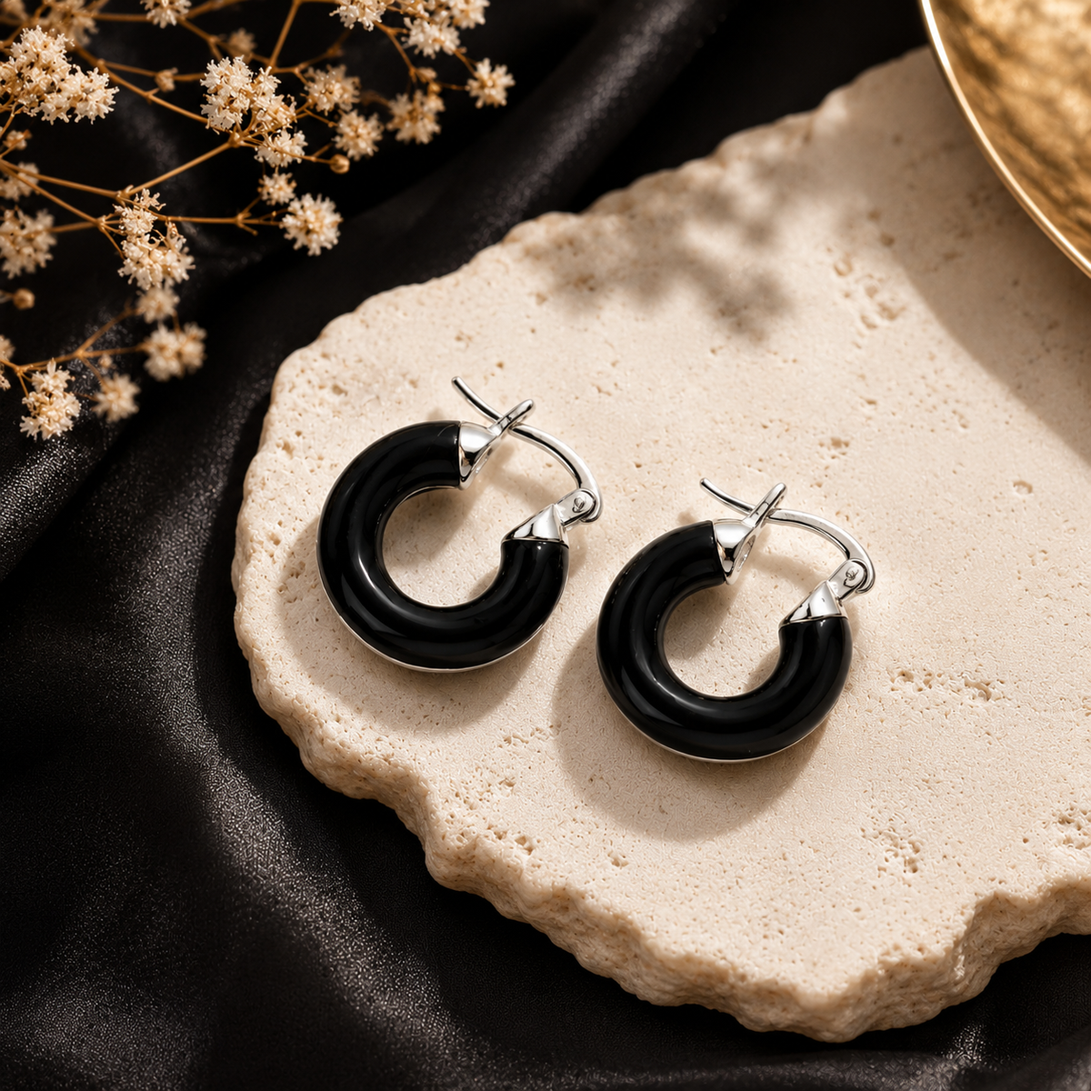 Glossy black C hoop earrings for women with silver-tone detailing