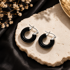 Glossy black C hoop earrings for women with silver-tone detailing