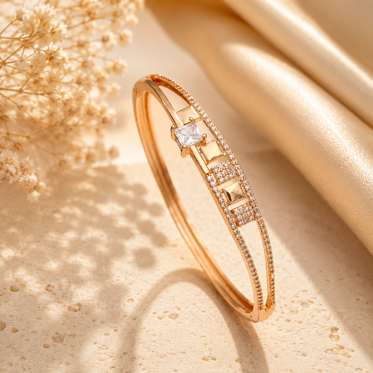 Gold American Diamond designer bangle for women with square centre stone
