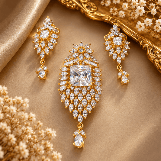 Gold crystal necklace and earrings set for women
