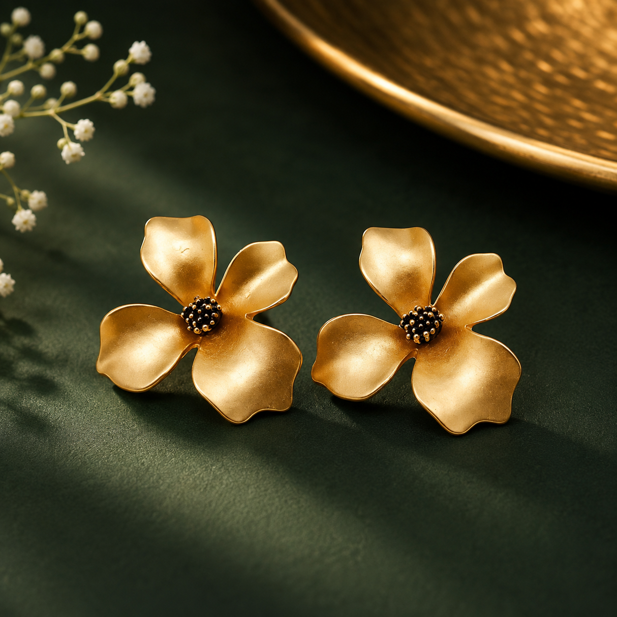 Elegant gold flower stud earrings with textured petals for women