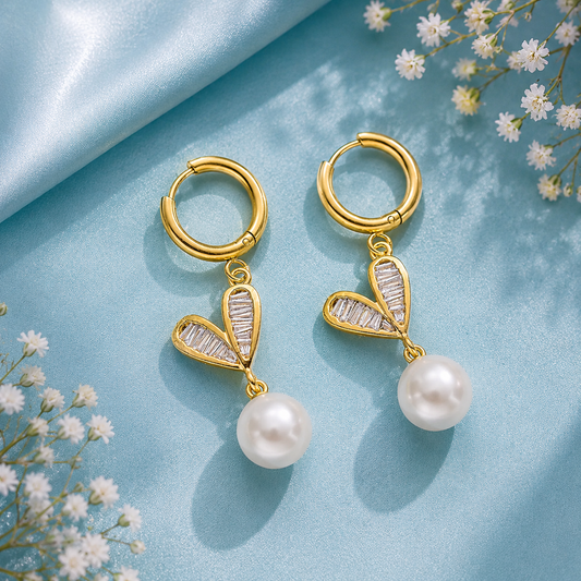 Gold Heart Pearl Necklace & Earrings Set for Women | The Mirage Fashion