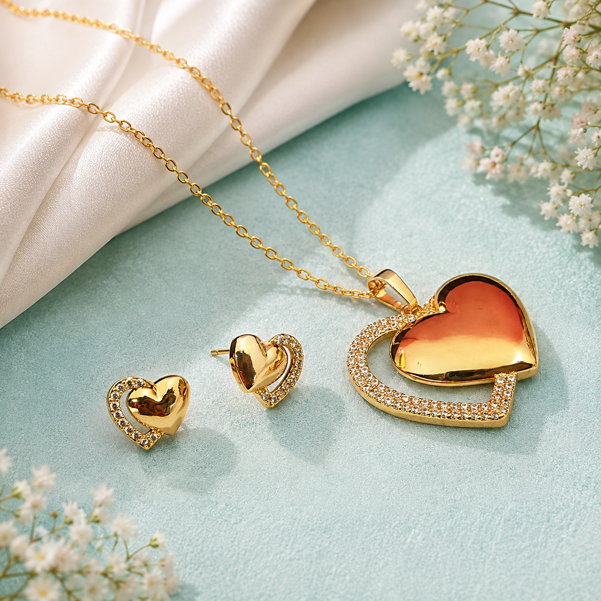 Gold heart pendant necklace and matching heart earrings set for women
