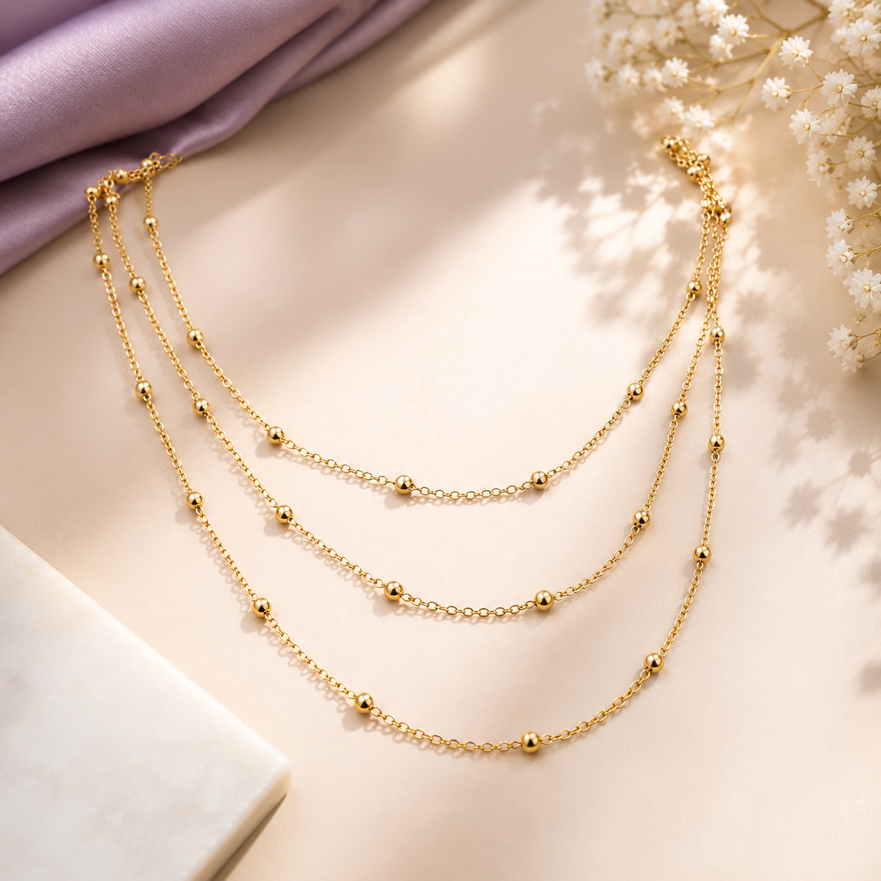 Gold layered chain necklace with delicate beaded details for women
