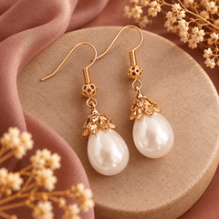 Gold Pearl Drop Earrings for Women | Floral Teardrop Earrings | The Mirage Fashion