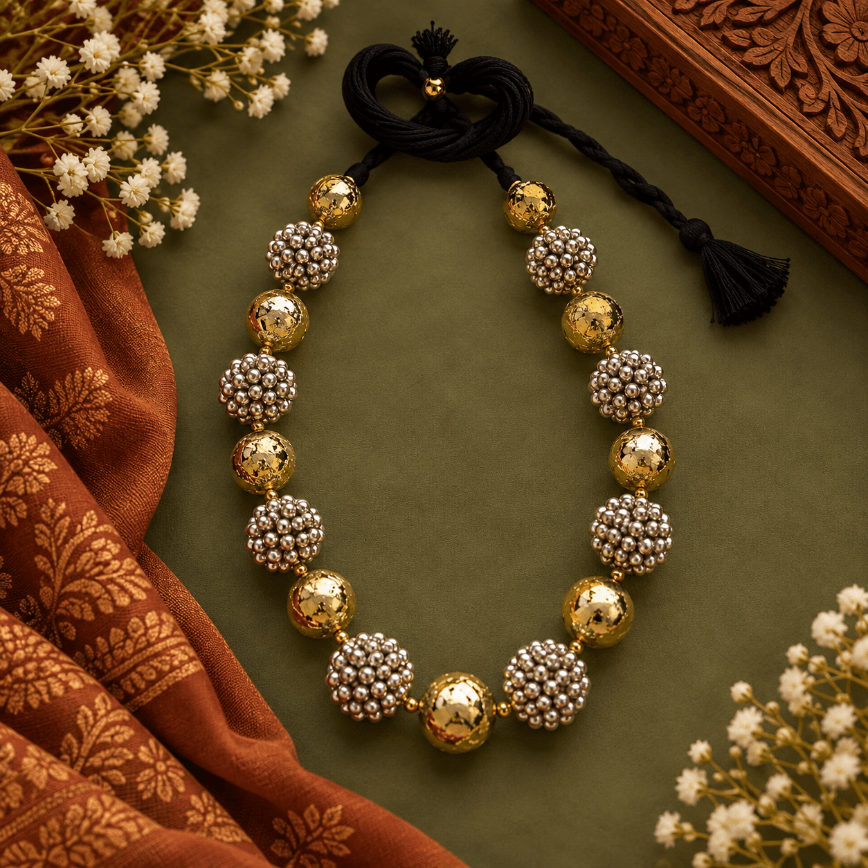 Gold and silver beaded statement necklace for women with black thread tie