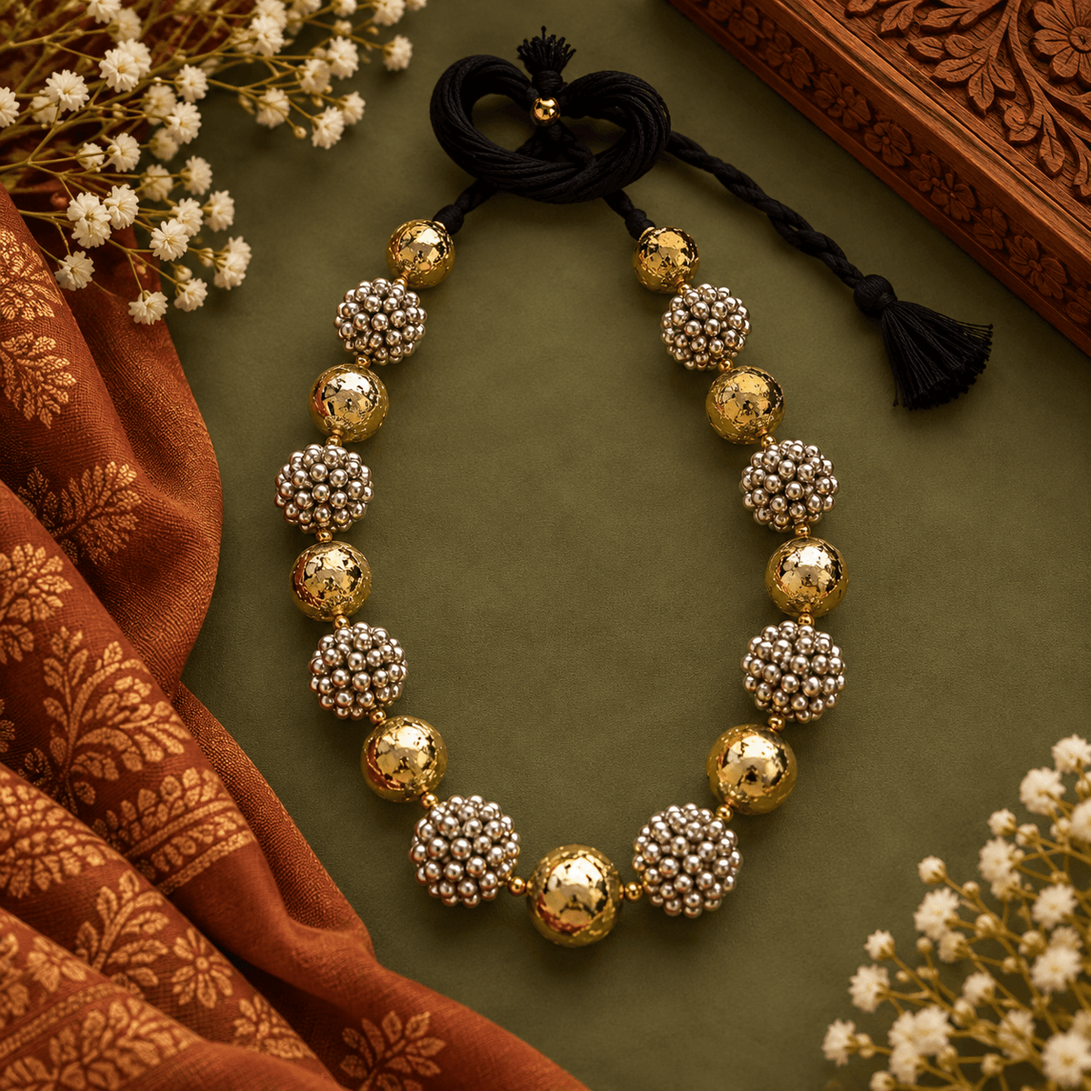 Gold and silver beaded statement necklace for women with black thread tie