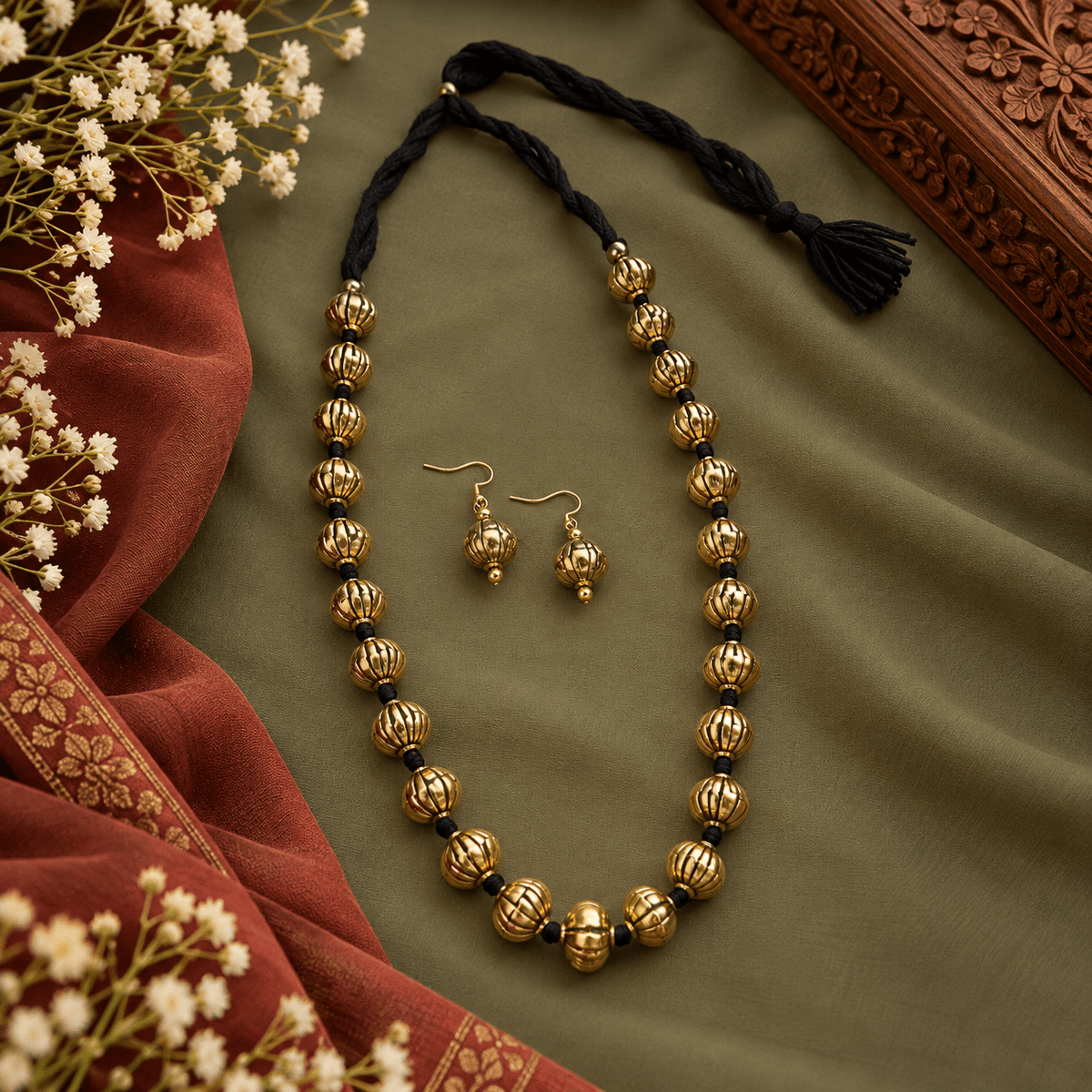 Gold-tone beaded necklace with black thread and matching drop earrings