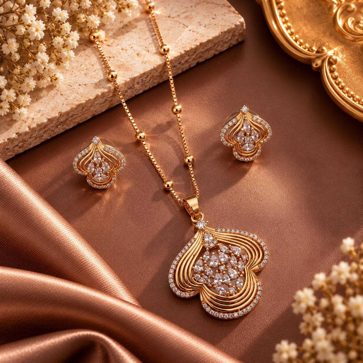 Golden Floral Crystal Pendant Necklace & Earrings Set | The Mirage Fashion