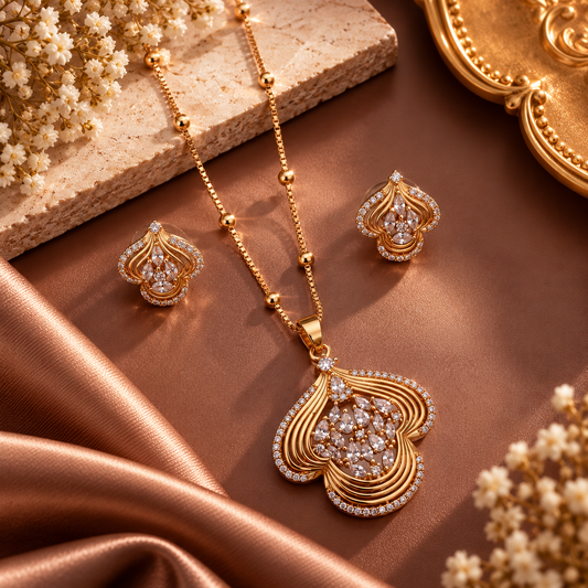 Golden Floral Crystal Pendant Necklace & Earrings Set | The Mirage Fashion