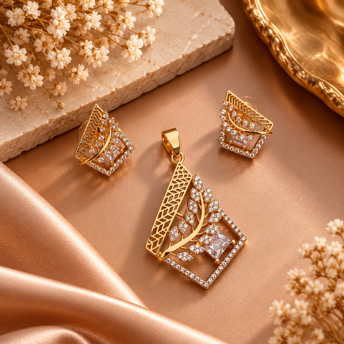 Golden Leaf Crystal Necklace & Earrings Set for Women | The Mirage Fashion