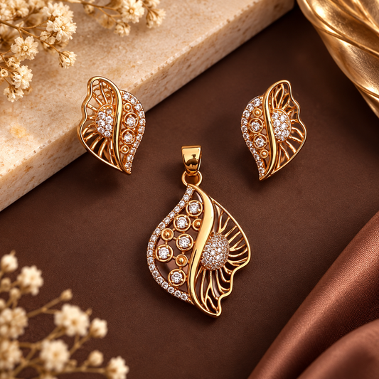 Golden Leaf Crystal Pendant Necklace & Earrings Set | The Mirage Fashion