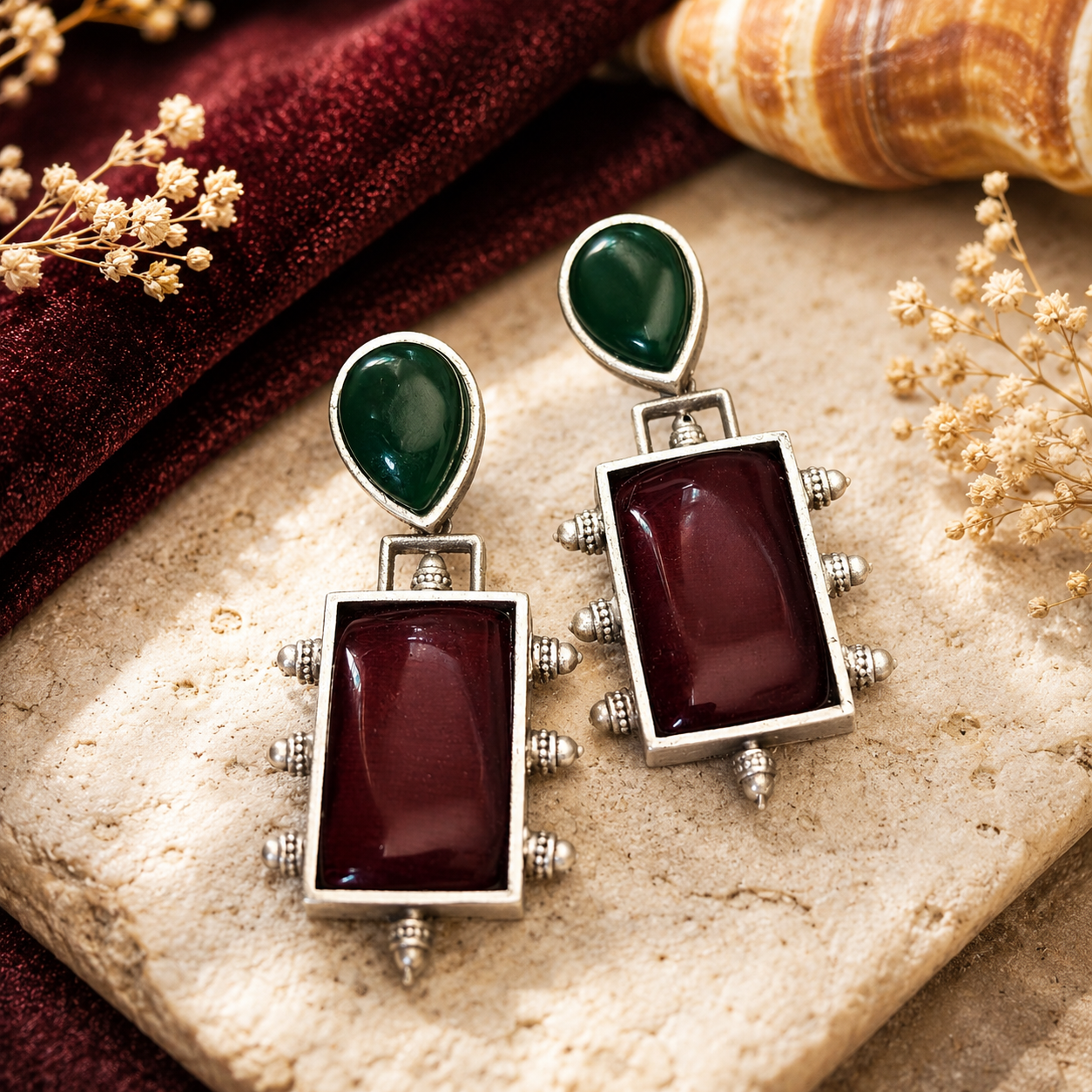 Green and burgundy rectangular stone drop earrings with silver-tone detailing