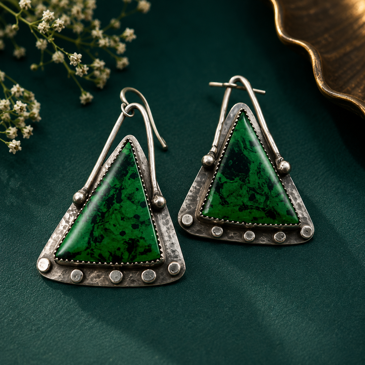 Green stone oxidized silver triangle statement earrings for women
