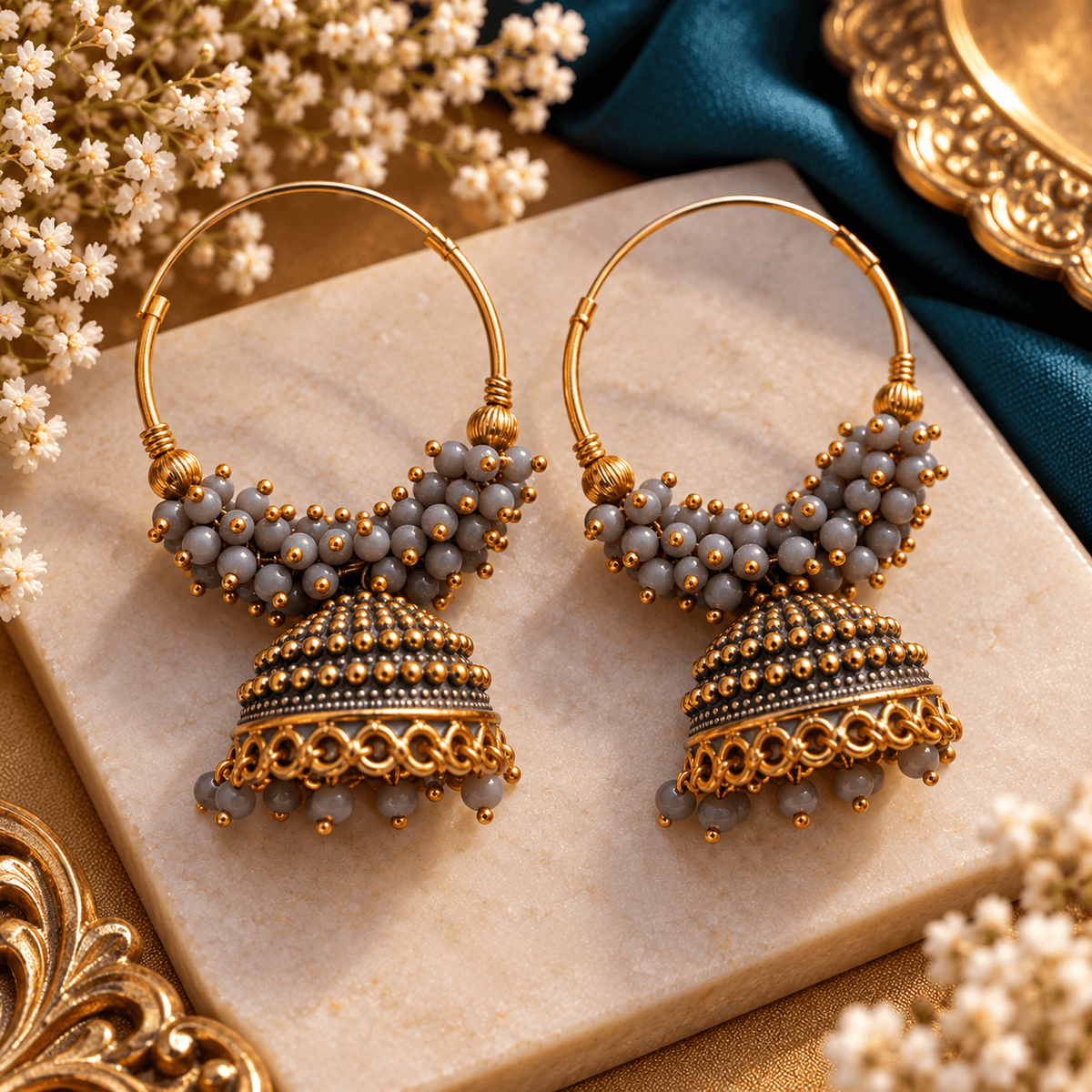 Grey Beaded Gold Hoop Jhumka Earrings for Women | The Mirage Fashion