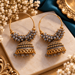 Grey Beaded Gold Hoop Jhumka Earrings for Women | The Mirage Fashion