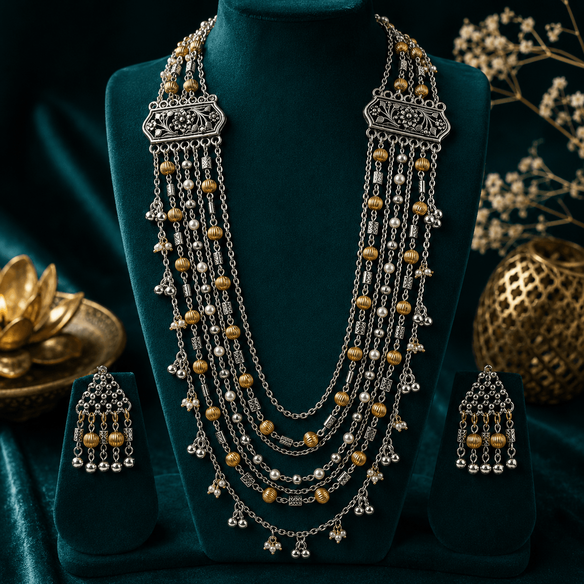 Heritage Layers Long Oxidized Necklace Set with Earrings | The Mirage Fashion