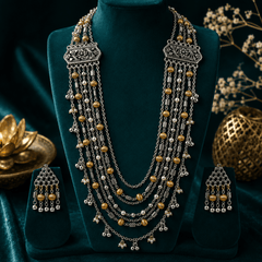 Heritage Layers Long Oxidized Necklace Set with Earrings | The Mirage Fashion