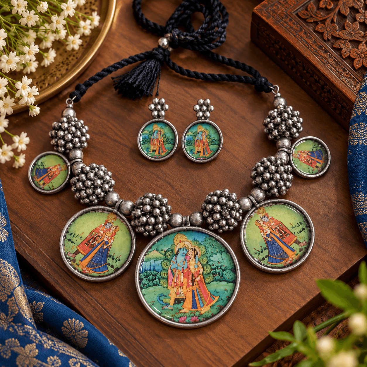 Krishna Radha oxidized silver necklace set with matching earrings