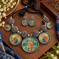 Krishna Radha oxidized silver necklace set with matching earrings
