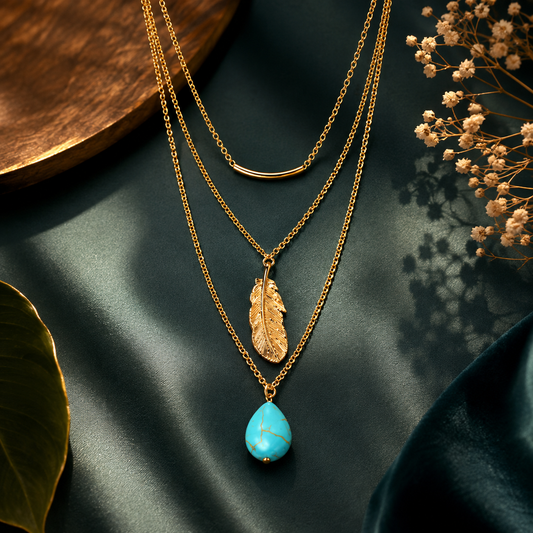 Layered Feather & Turquoise Pendant Necklace for Women – Gold & Silver Finish