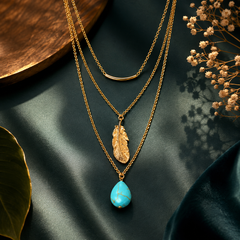 Layered Feather & Turquoise Pendant Necklace for Women – Gold & Silver Finish