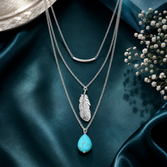 Layered Feather & Turquoise Pendant Necklace for Women – Gold & Silver Finish