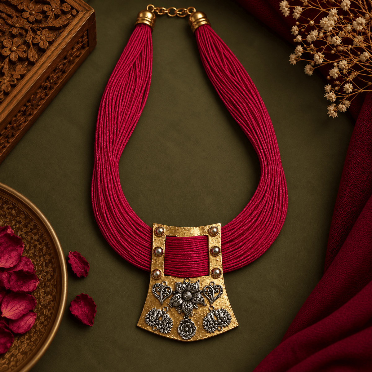Magenta Thread Necklace with Antique Gold Pendant | The Mirage Fashion