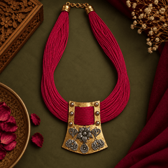 Magenta Thread Necklace with Antique Gold Pendant | The Mirage Fashion