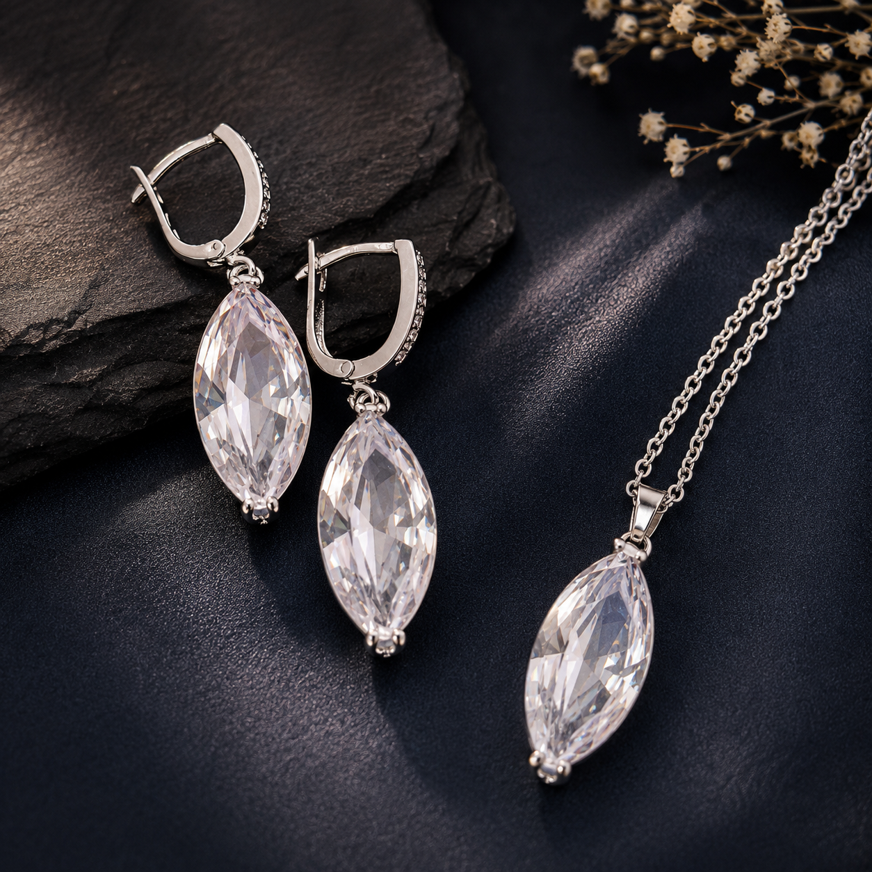 Elegant silver-tone marquise crystal necklace and drop earrings set for women