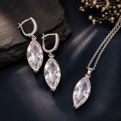 Elegant silver-tone marquise crystal necklace and drop earrings set for women