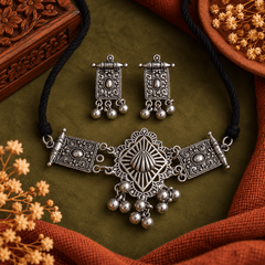 Minimalist oxidized silver-tone choker necklace set with matching earrings by The Mirage Fashion