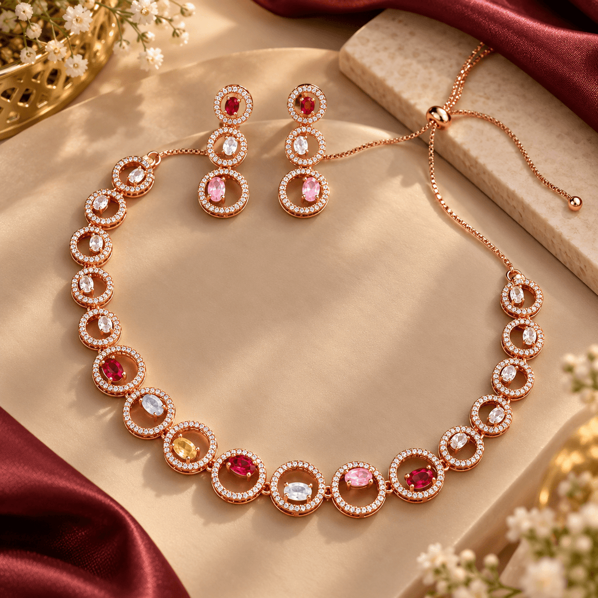 Rose Gold Multicolor Crystal Necklace & Earrings Set | The Mirage Fashion