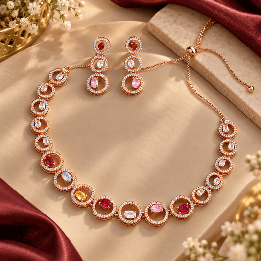 Rose Gold Multicolor Crystal Necklace & Earrings Set | The Mirage Fashion