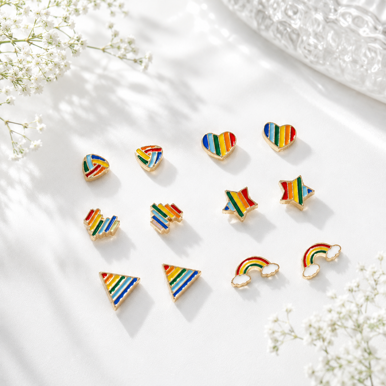 Multicolor enamel stud earrings set with heart star rainbow and geometric designs