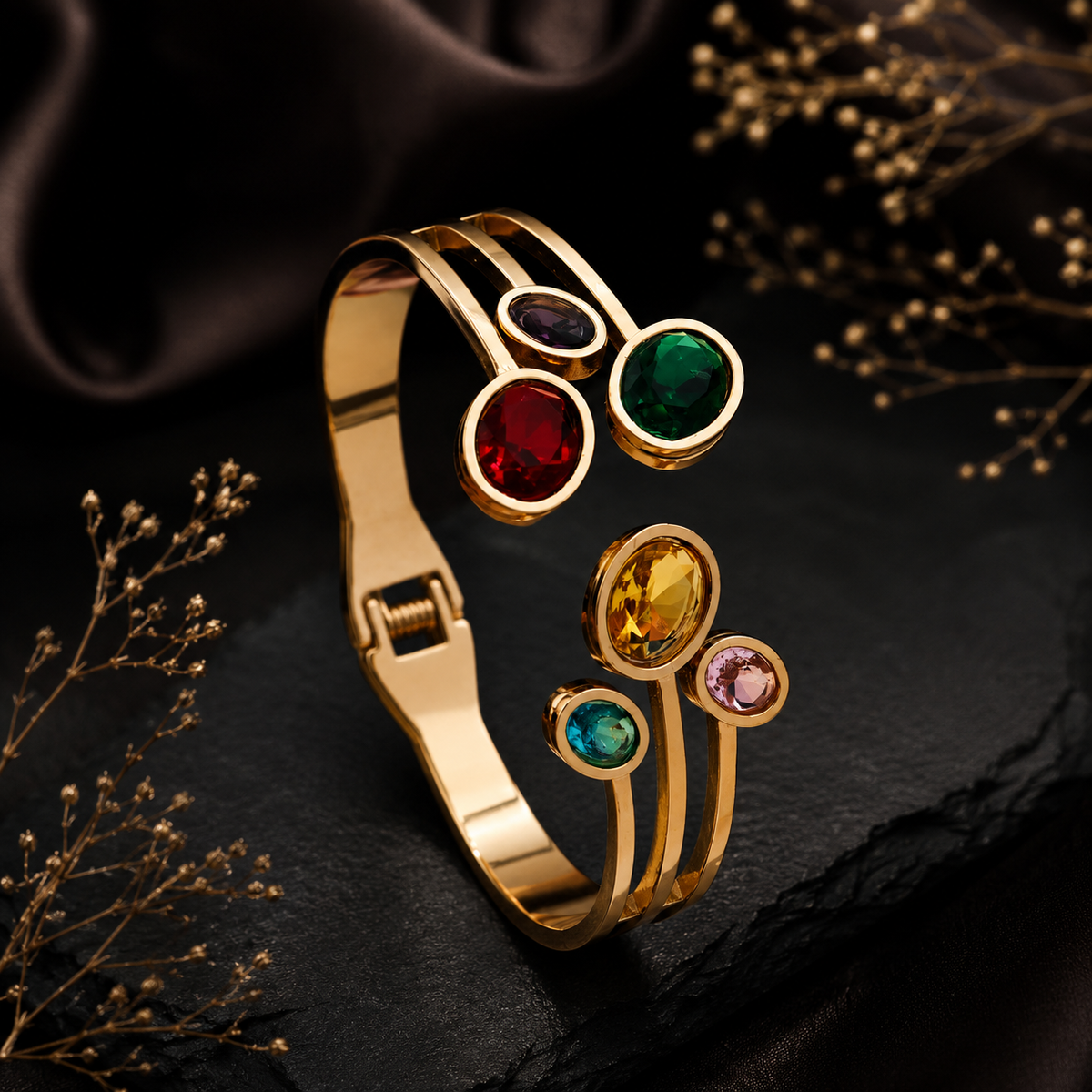 Multicolor Gemstone Cuff Bracelet for Women – Gold Tone Statement Bracelet