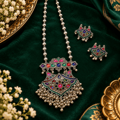 Multicolor Meenakari oxidized long necklace with colourful stone detailing, ghongroo accents and matching earrings