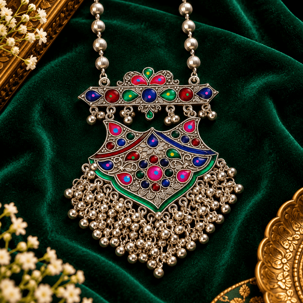 Multicolor Meenakari oxidized long necklace with colourful stone detailing, ghongroo accents and matching earrings