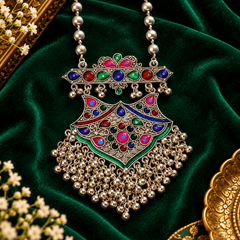 Multicolor Meenakari oxidized long necklace with colourful stone detailing, ghongroo accents and matching earrings