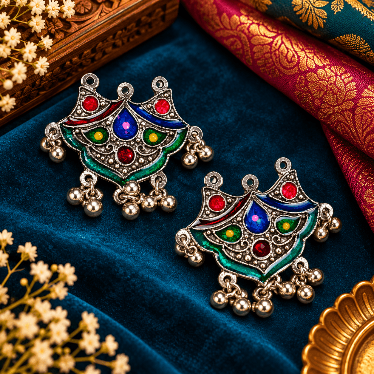 Multicolor Meenakari oxidized long necklace with colorful stone detailing, ghongroo accents and matching earrings